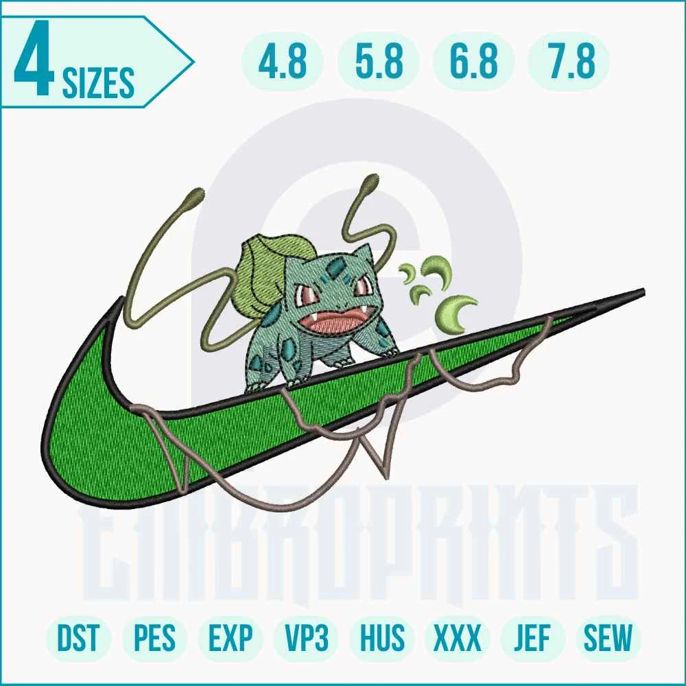 Swoosh Bulbasaur embroidery design Stylized embroidery design of the Pokémon Bulbasaur integrated with a Nike‑style swoosh shape.