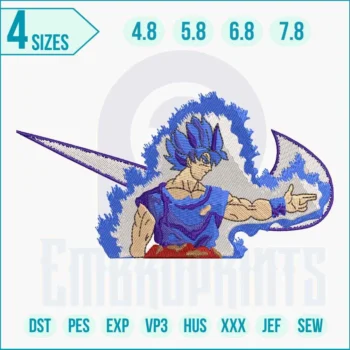 Swoosh Goku Saiyan Blue embroidery design featuring detailed anime character stitching and a dynamic swoosh element.
