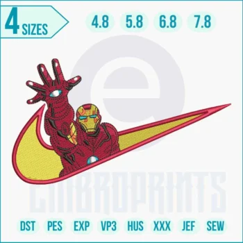Swoosh Iron Man–inspired embroidery design with armor and arc reactor details.