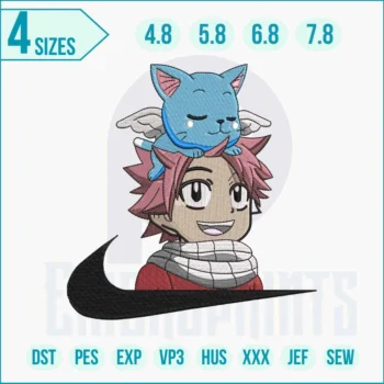 Anime embroidery of Natsu Dragneel with fiery Swoosh design, perfect for Fairy Tail fans and custom apparel.