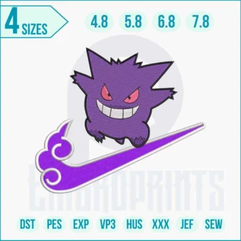 Swoosh-style Pokémon embroidery, detailed cartoon stitching for hats, jackets, or backpacks.,