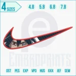 Embroidery design of Sasuke Uchiha's Sharingan eyes with Swoosh style, anime-inspired, detailed stitching for clothing or accessories.