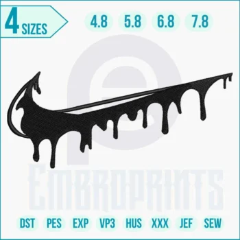 Modern Swoosh Drip embroidery design, trendy streetwear style for apparel, hats, or accessories.