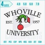 Whoville University embroidery design stitched on fabric with festive cartoon school style and detailed satin and fill stitches.