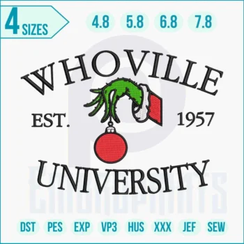 Whoville University embroidery design stitched on fabric with festive cartoon school style and detailed satin and fill stitches.