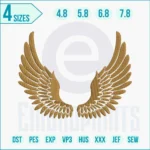 Golden Wings embroidery design stitched on fabric showing detailed feathered angel wings with satin and fill stitches.