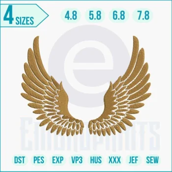 Golden Wings embroidery design stitched on fabric showing detailed feathered angel wings with satin and fill stitches.