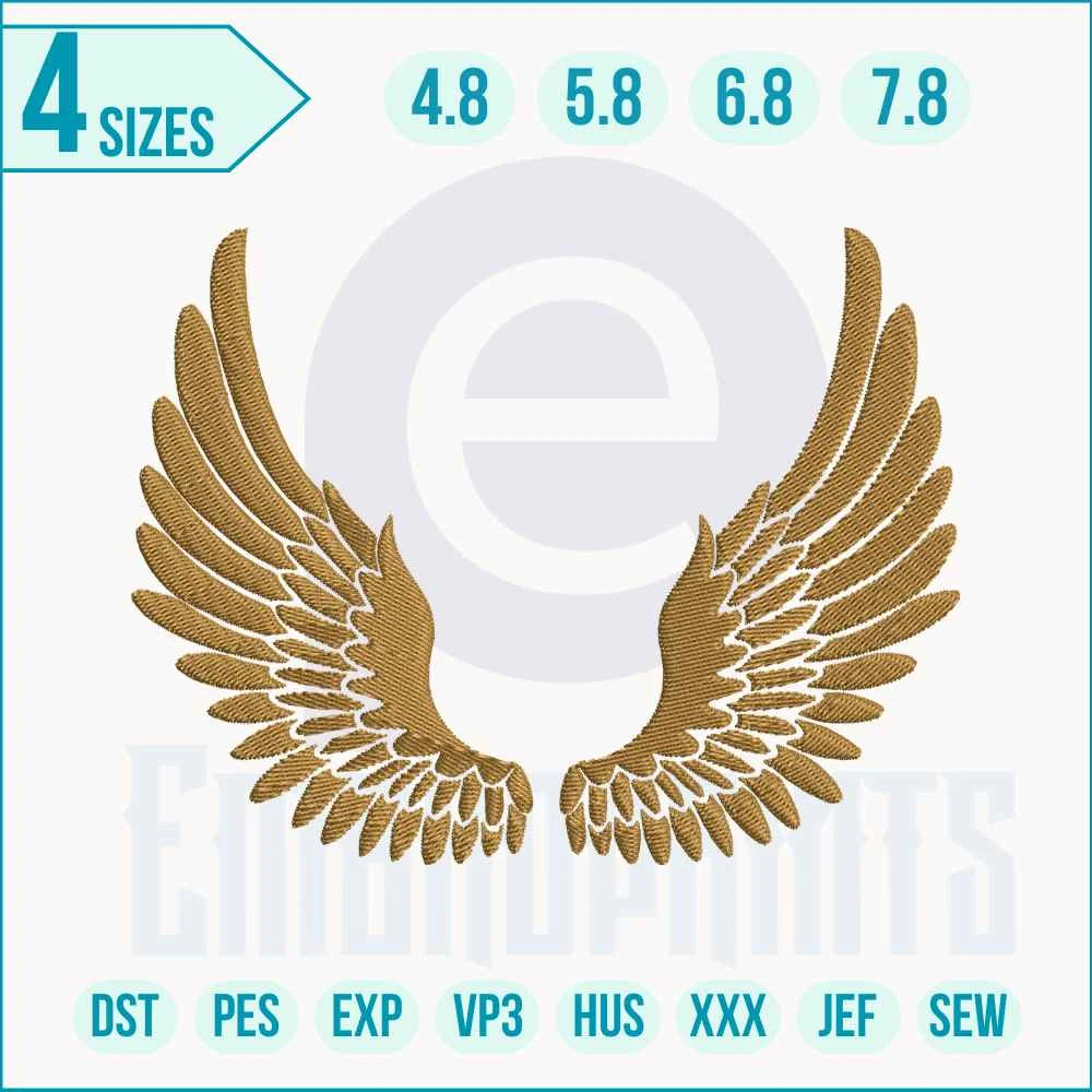 golden wings embroidery design Golden Wings embroidery design stitched on fabric showing detailed feathered angel wings with satin and fill stitches.