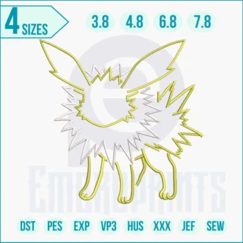 Pokémon Jolteon embroidery design featuring the Electric-type Eeveelution with spiky yellow fur and detailed stitching, perfect for jackets, hats, bags, and home décor.