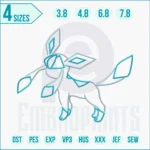 Pokémon Glaceon embroidery design featuring the Ice-type Eeveelution with icy blue colors and detailed stitching, perfect for jackets, hats, bags, and home décor.