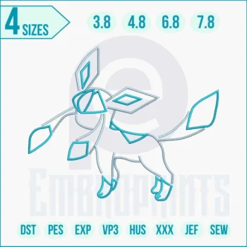 Pokémon Glaceon embroidery design featuring the Ice-type Eeveelution with icy blue colors and detailed stitching, perfect for jackets, hats, bags, and home décor.