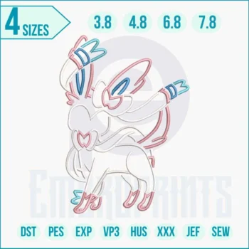 “Pokémon Sylveon embroidery design featuring the Fairy-type Eeveelution with pink ribbons and detailed stitching, perfect for jackets, hats, bags, and home décor.