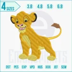Embroidery design of young Simba from The Lion King with golden fur and playful expression, perfect for kids’ clothing and nursery décor.