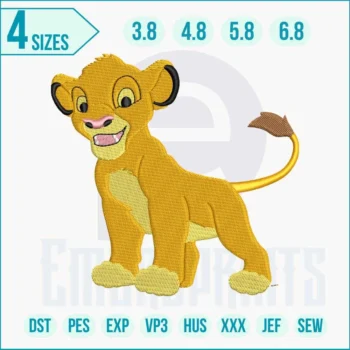Embroidery design of young Simba from The Lion King with golden fur and playful expression, perfect for kids’ clothing and nursery décor.