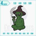 Smoking Alien embroidery design featuring a playful extraterrestrial with bold outlines, perfect for jackets, hats, bags, and quirky home décor.