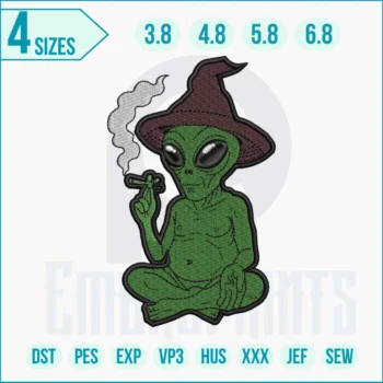 Smoking Alien embroidery design featuring a playful extraterrestrial with bold outlines, perfect for jackets, hats, bags, and quirky home décor.