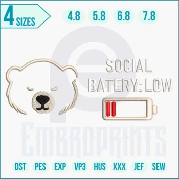 Social Battery embroidery design with funny introvert theme.