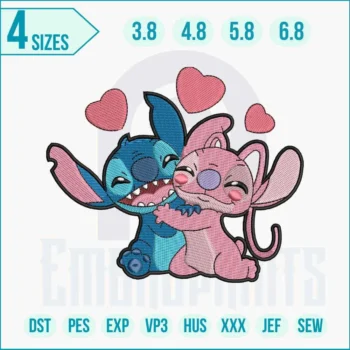 Stitch and Angel hugging embroidery design for machine embroidery.