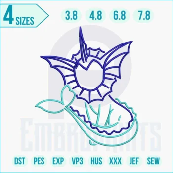 Pokémon Vaporeon embroidery design featuring the Water-type Eeveelution with flowing fins and detailed stitching, perfect for jackets, hats, bags, and home décor.