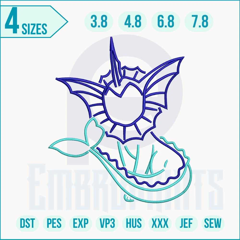 pokémon vaporeon embroidery design Pokémon Vaporeon embroidery design featuring the Water-type Eeveelution with flowing fins and detailed stitching, perfect for jackets, hats, bags, and home décor.