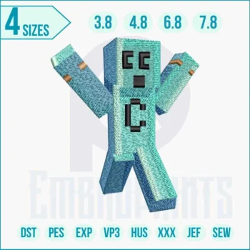 Skin Minecraft embroidery design featuring a detailed Minecraft character in pixel style, perfect for jackets, hats, bags, and gifts for gamers.