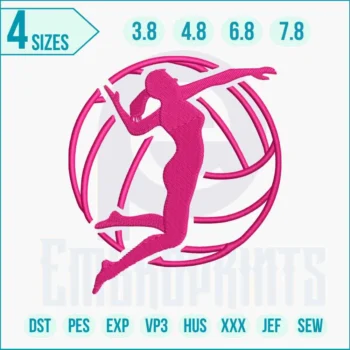 Volleyball-themed embroidery design featuring a detailed volleyball and action elements, perfect for jackets, hats, bags, and sports gear.